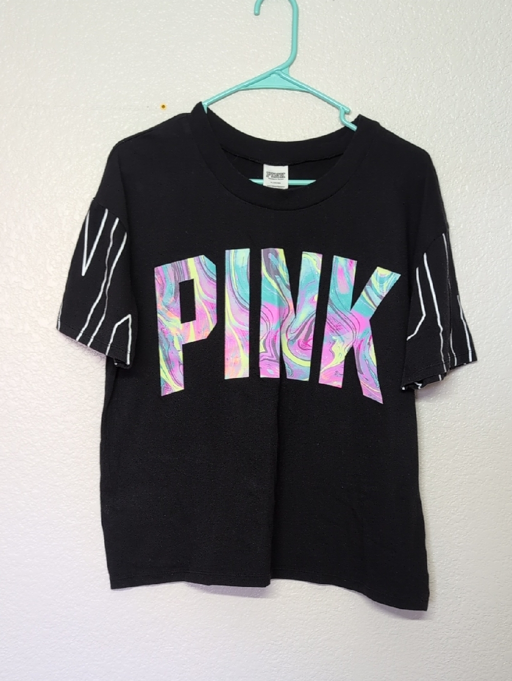 PINK Victoria's Secret Black Crop Tee with Rainbow Swirl Logo
